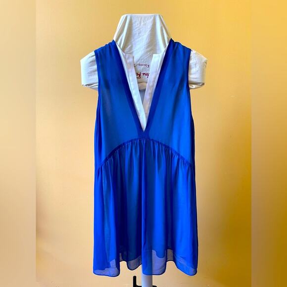 Sandro Paris V Neck Mod Color Lined Shift Flowy Mini Dress Blue Size 1 Small - Picture 3 of 10
